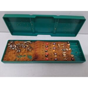 Vintage Plano Green Pocket Tackle Box with Mixed Ice Fishing Jigs and Lures